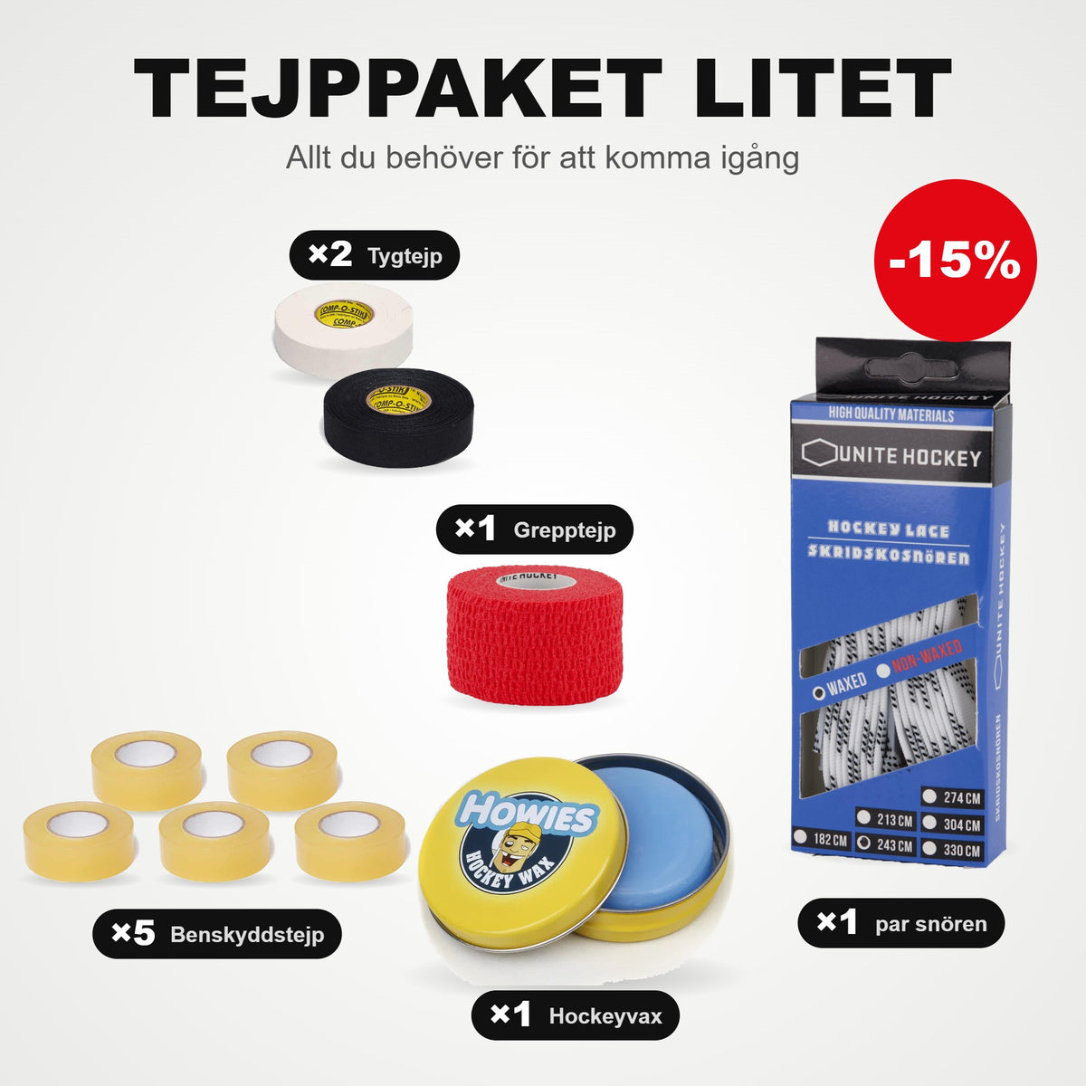 Kleines Tape-Set: 5 Schienbein-Tape, 2 Gewebebänder, 1 Griffband, 1 Paar Schlittschuhsenkel und Hockeywachs